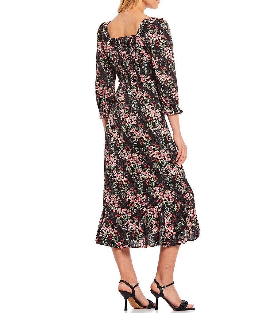 Skies Are Blue Floral Print Square Neck 3/4 Sleeve Front Knot Detail Flounce Hem Midi Dress