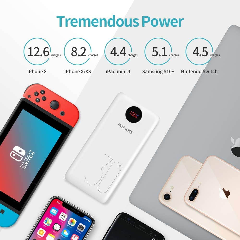 ROMOSS USB C Power Bank, 26800mAh PD Portable Charger 18W 3 Outputs and 3 Inputs External Battery Packs Compatible for iPhone Xs Max, iPad Pro, Nintendo Switch, Samsung S8 and Other Smart Devices