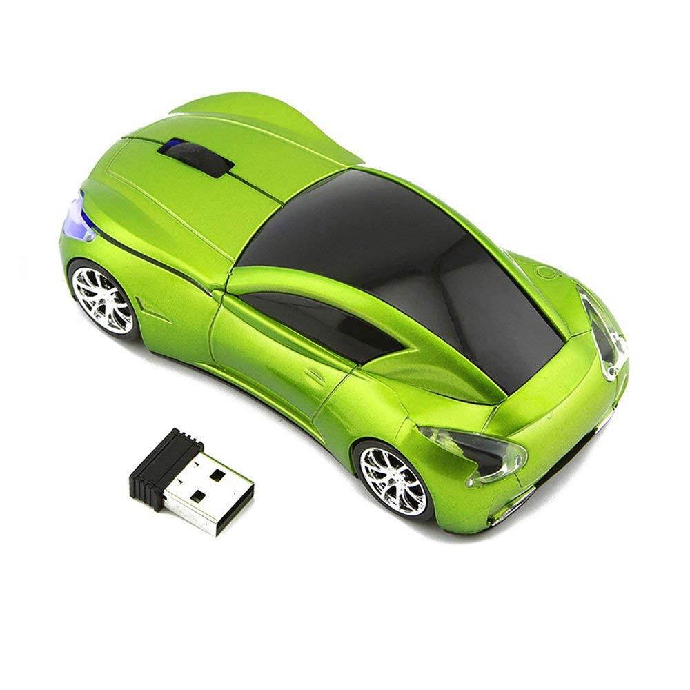 Usbkingdom Cool Sport Car Shape 2.4GHz Wireless Mouse Optical Cordless Mice with USB Receiver for PC Laptop Computer 1600DPI 3 Buttons Green