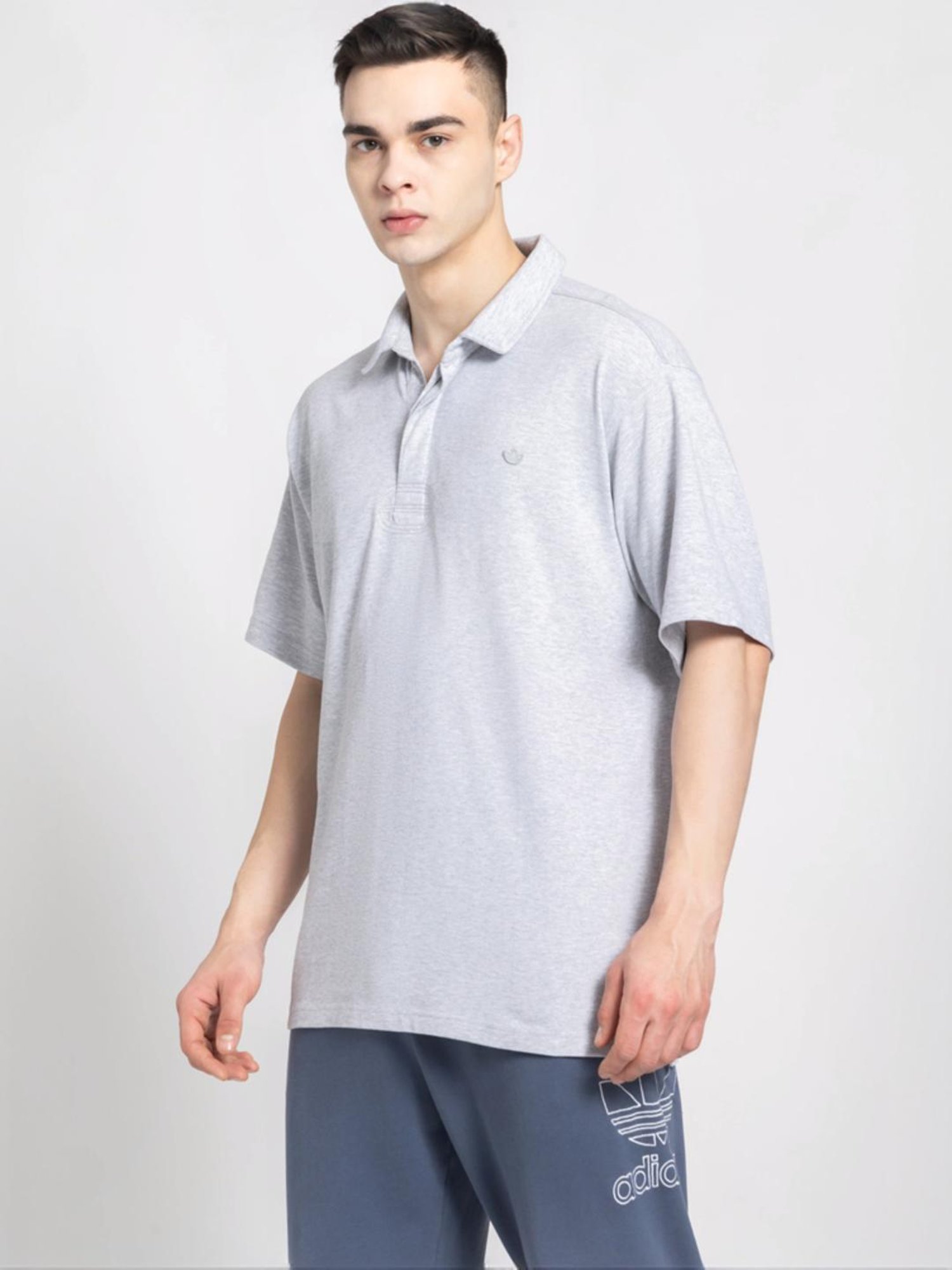 Adidas Originals Grey Cotton Loose Fit Texture Polo T-Shirt