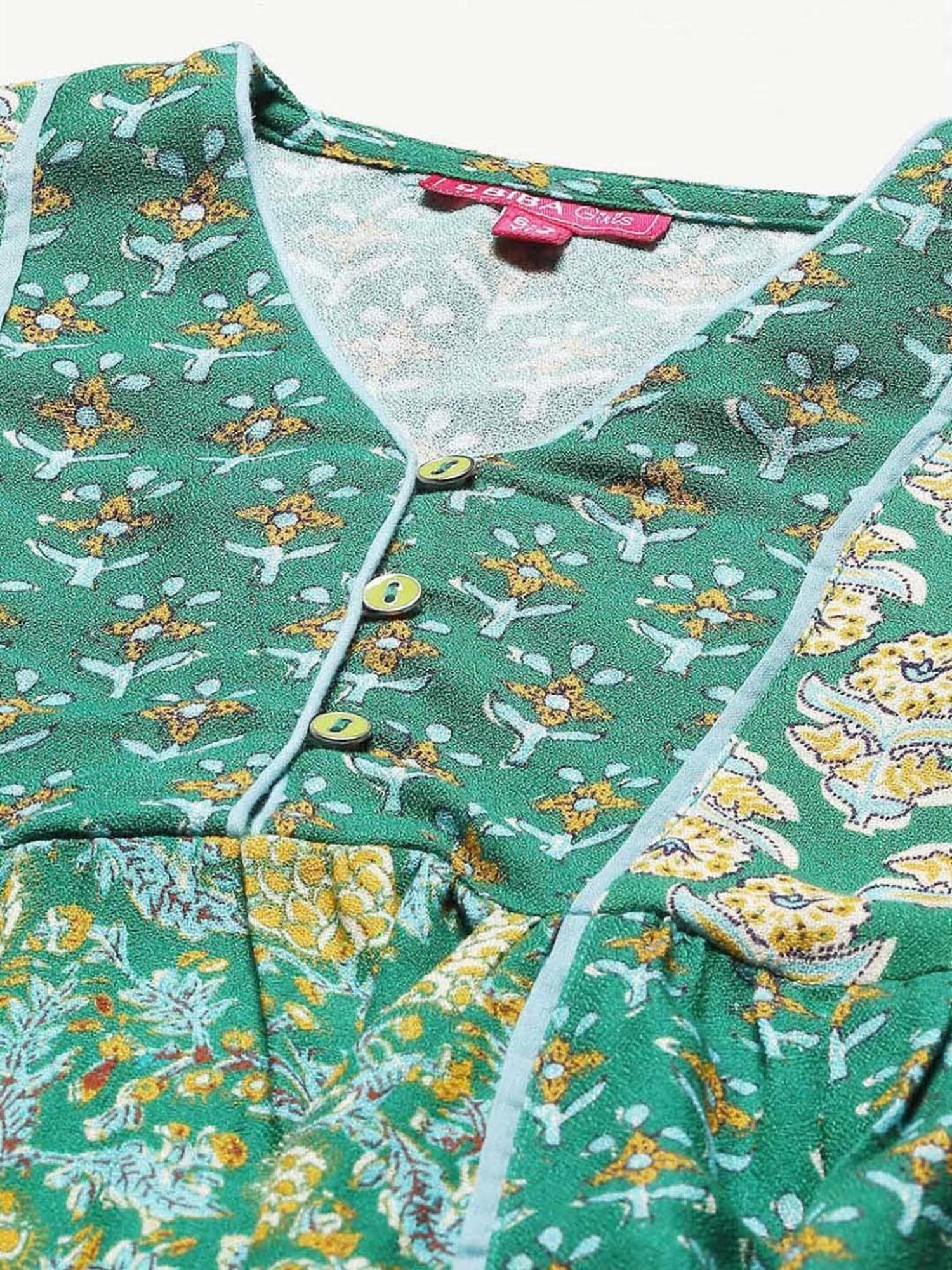 BIBA Girls Kids Green Printed Full Sleeves Top