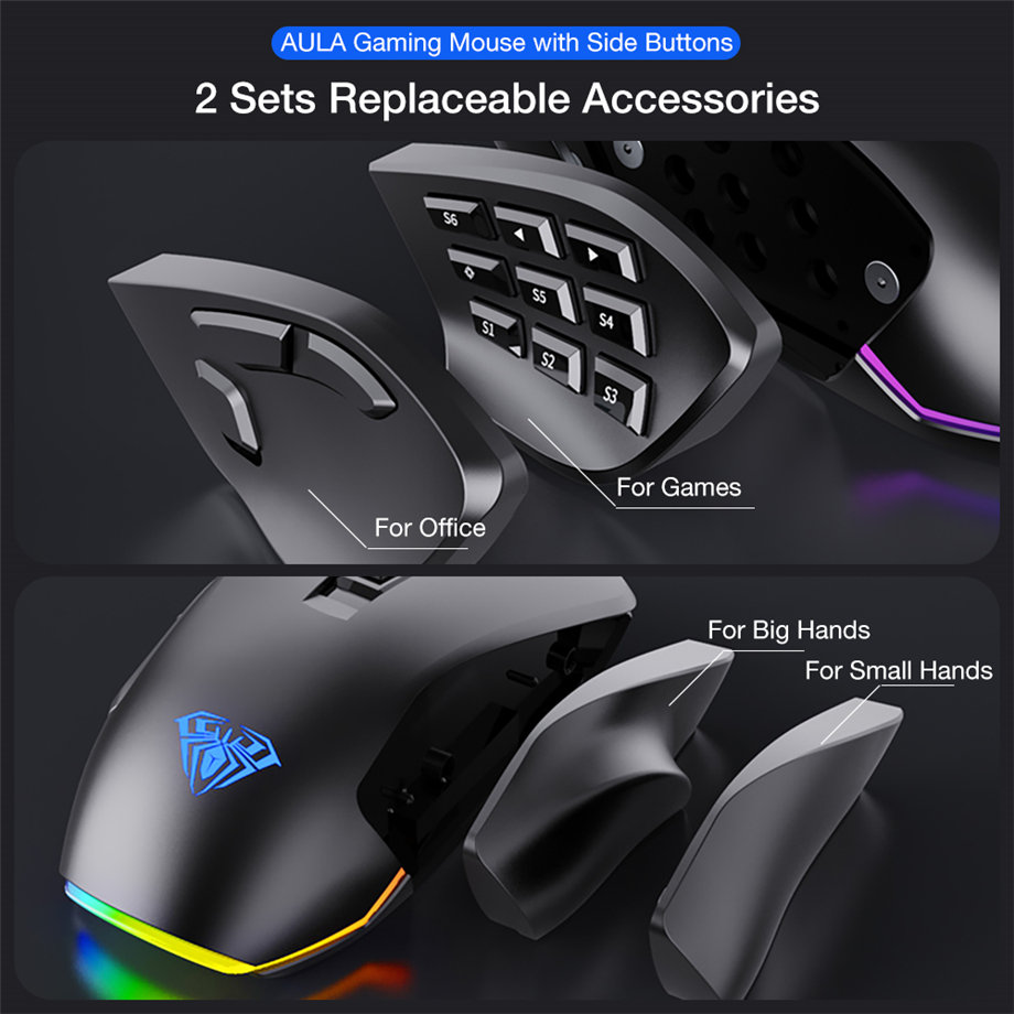 AULA RGB Gaming Mouse with Side Buttons Macro Programming 10000 DPI Adjustable 14 Key Wired USB Backlit Mouse for Desktop Laptop - H510 White
