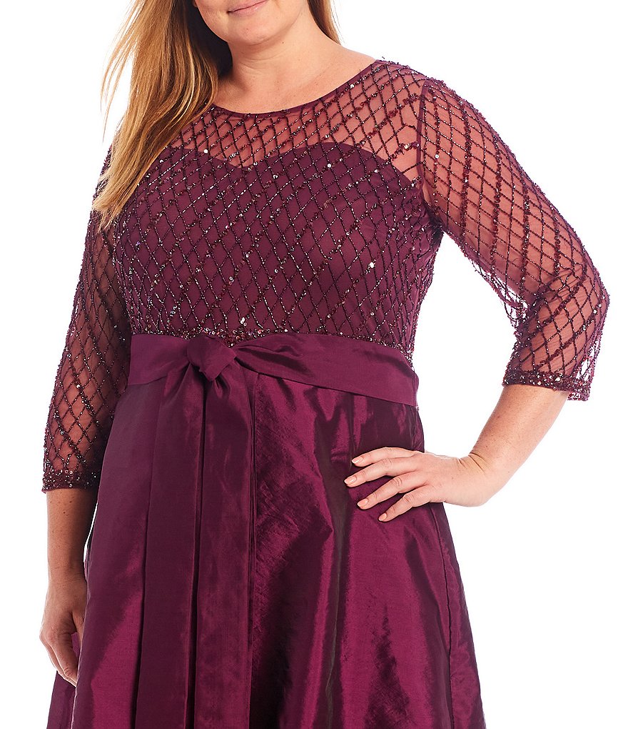 Pisarro Nights Plus Size Beaded 3/4 Sleeve Illusion Boat Neck Dress