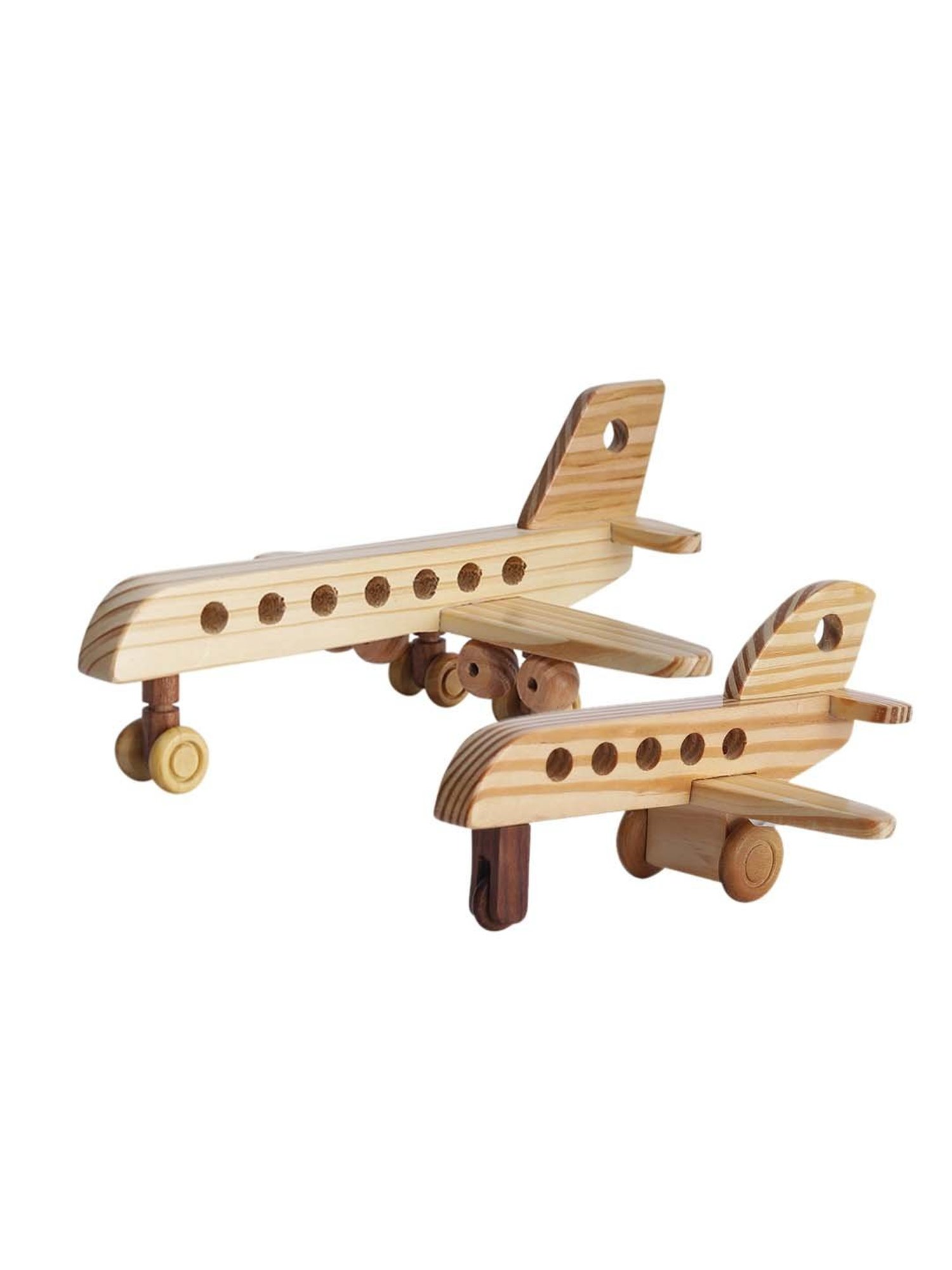 VarEesha Wheels of Wood Beige Pine Wood Decorative Airbuses - Set of 2
