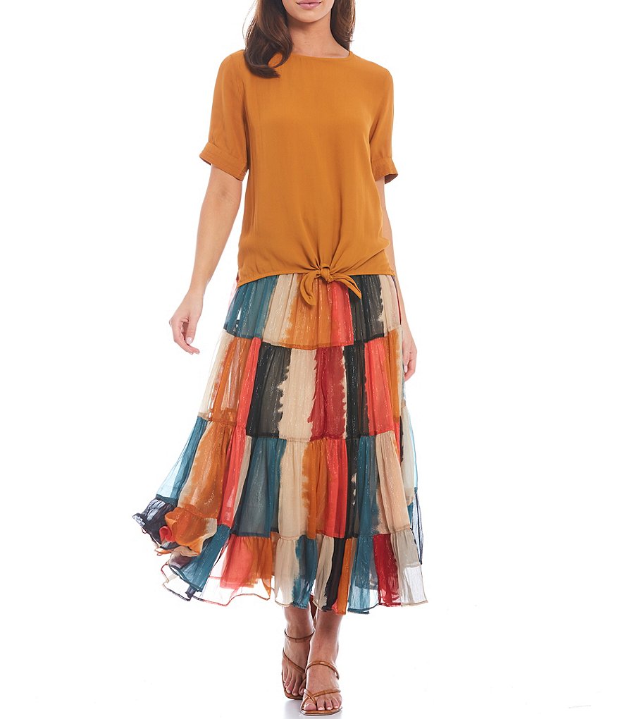 John Mark Patchwork Tie Waist Drawstring Long Skirt