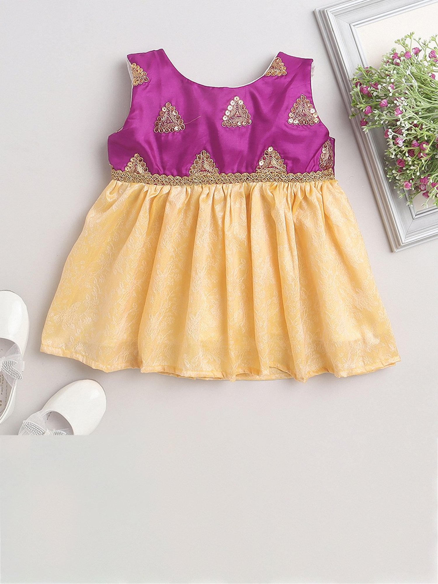 Many Frocks Kids Purple & Cream Embellished Dress