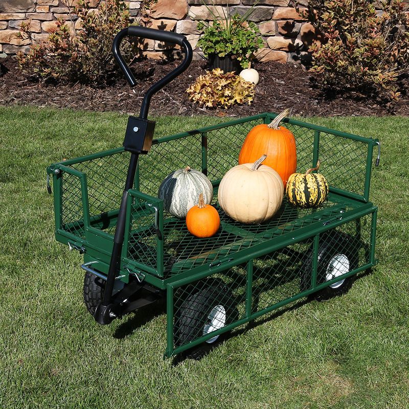 Sunnydaze Outdoor Lawn and Garden Heavy-Duty Durable Steel Mesh Utility Dump Wagon Cart with Removable Sides - Green