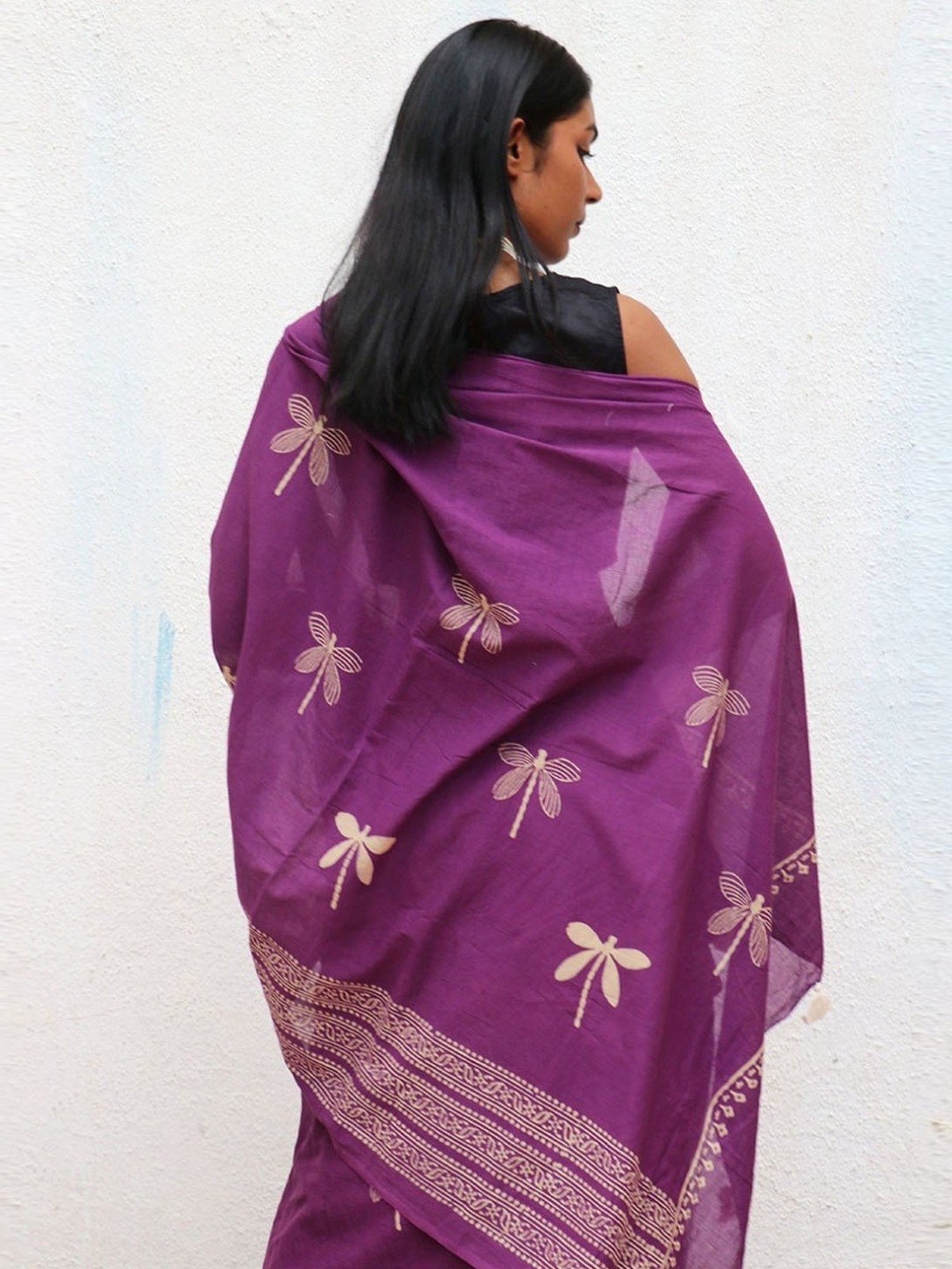 Chidiyaa Purple Fly Me to Moon Renaissance Handblockprinted Cotton Saree