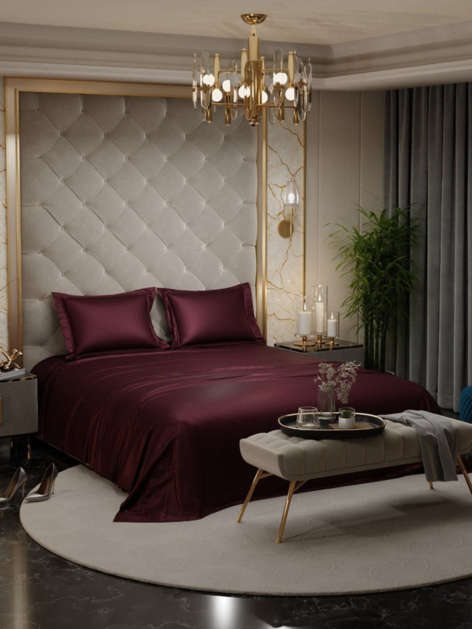 Stoa Paris Date Night Collection Velvet Wine Polyester 300 TC Double Bed Sheet With 2 Pillow Covers