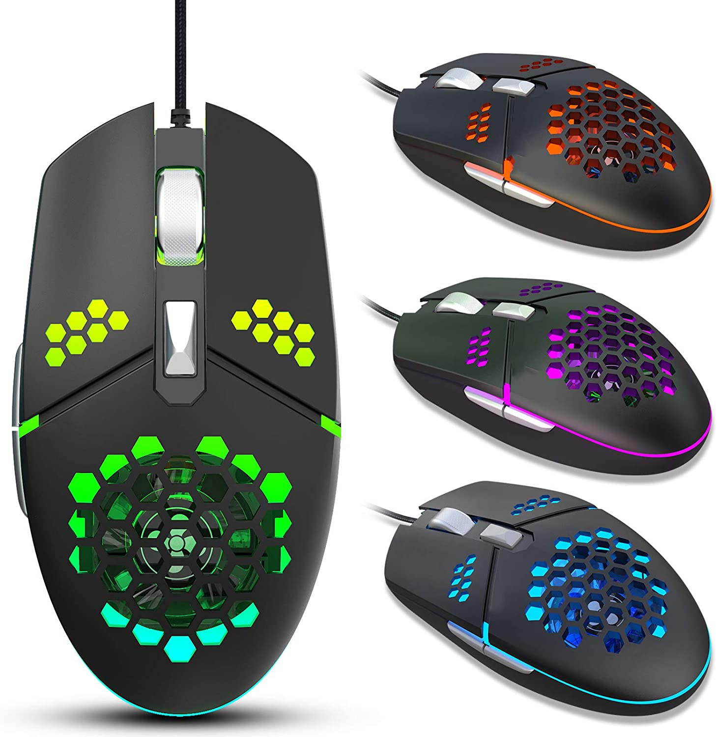 Gaming Mouse USB Wired, Programmable Fan Cooling Gaming Mice, Ultra-Lightweight Unique Design, Hexagonal Honeycomb Shell Design, Cool RGB Lighting, 6 Buttons, up to 8000 DPI (Black)