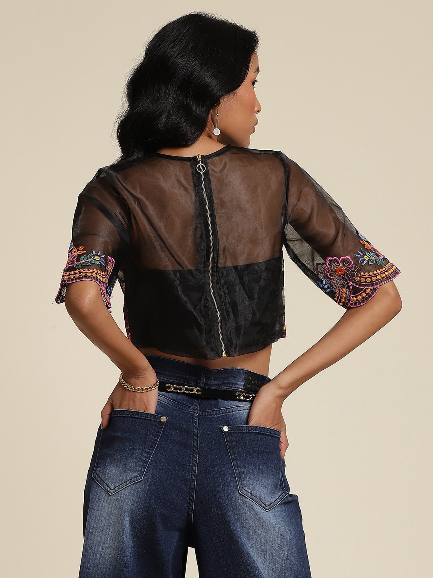 Label Ritu Kumar Black Embroidered Crop Top With Camisole