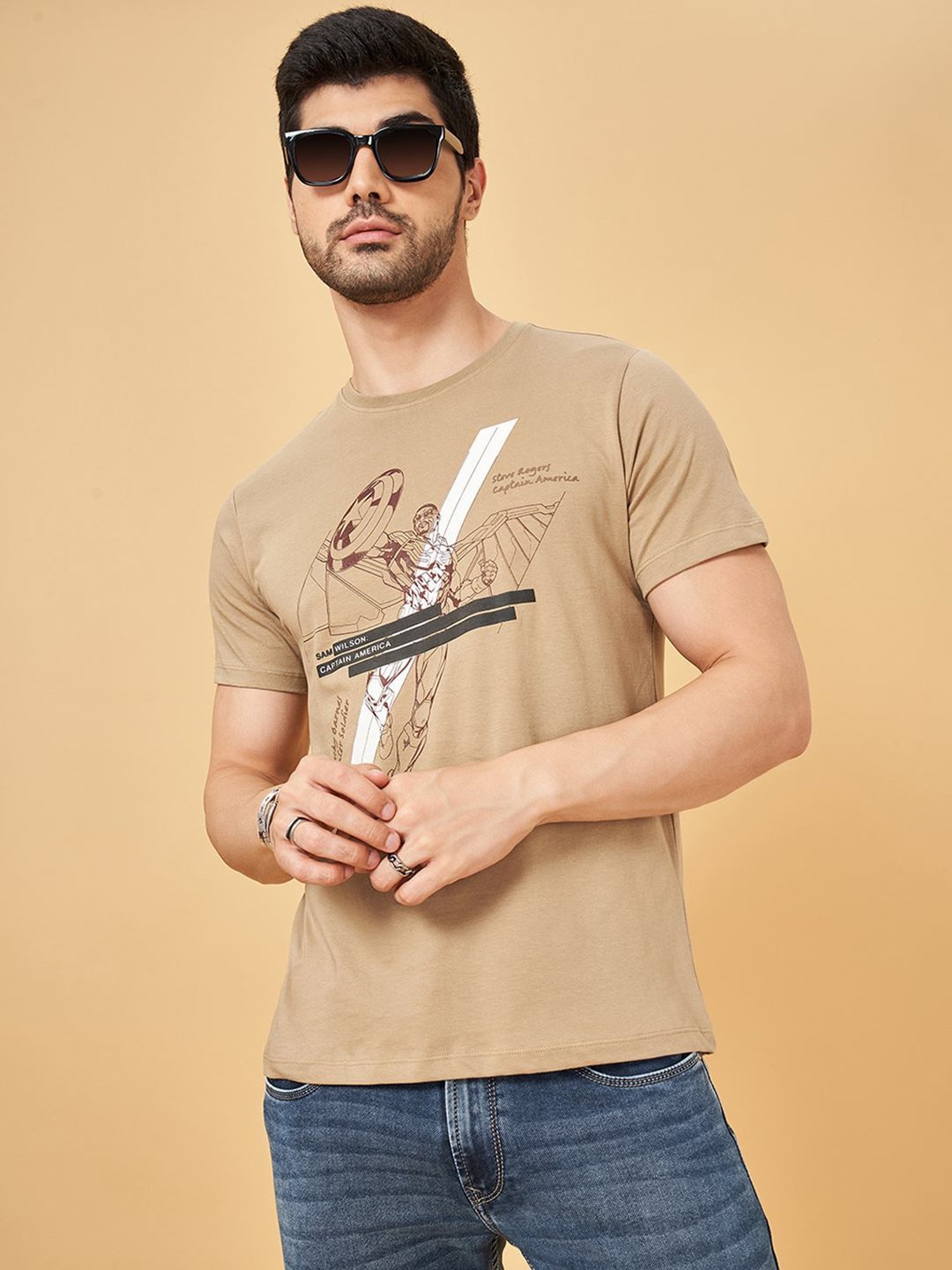 Sf Jeans By Pantaloons Ecru Cotton Slim Fit Printed T-Shirt