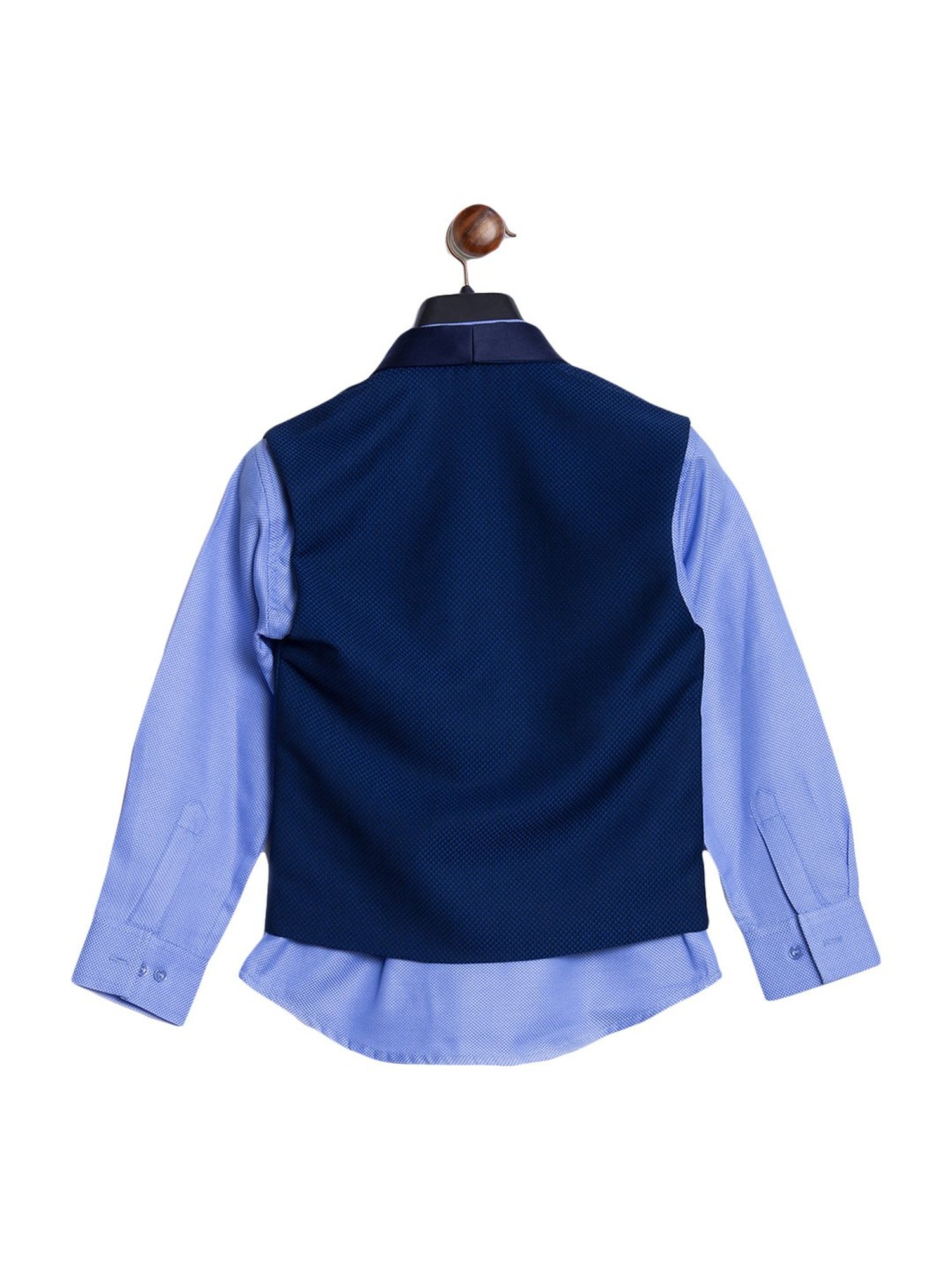 Blue Giraffe Kids Blue Self Pattern Shirt With Waist Coat