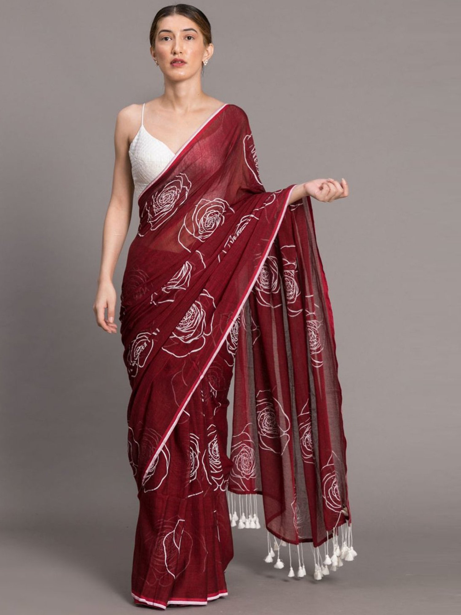 Suta Maroon Cotton Printed Saree Without Blouse