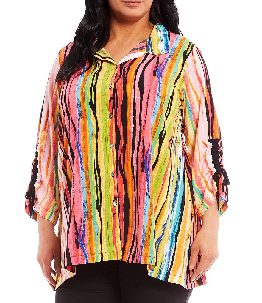 John Mark Plus Size Multi Stripe Wire Point Collar Neck Side Seam Pocket Button-Front 3/4 Sleeve Tunic