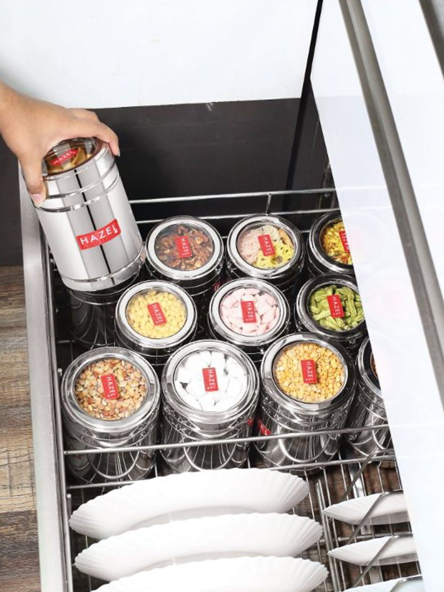 HAZEL Silver Stainless Steel Container with Transparent Lid - Set of 6 (1.4L)