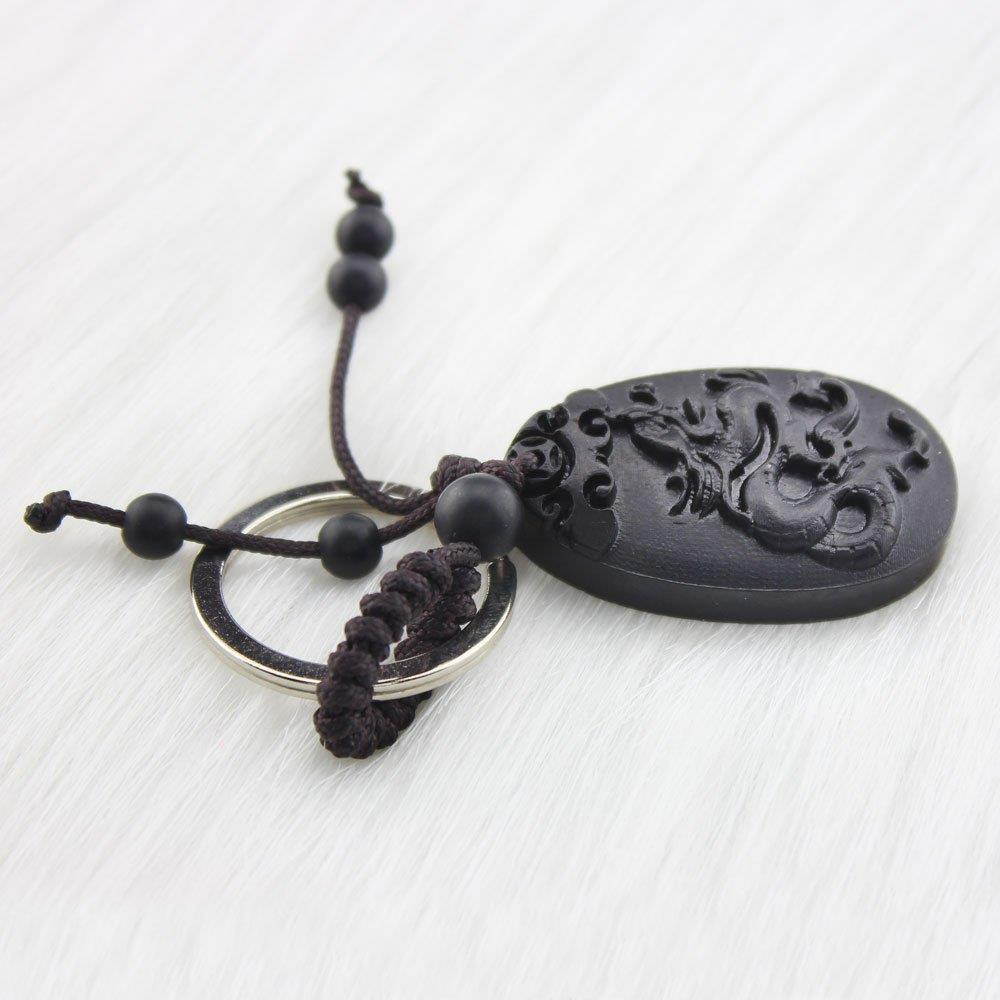FOY-MALL Chinese Zodiac Dragon Ebony Wood Carved Men Women Keyring for Gift M1106