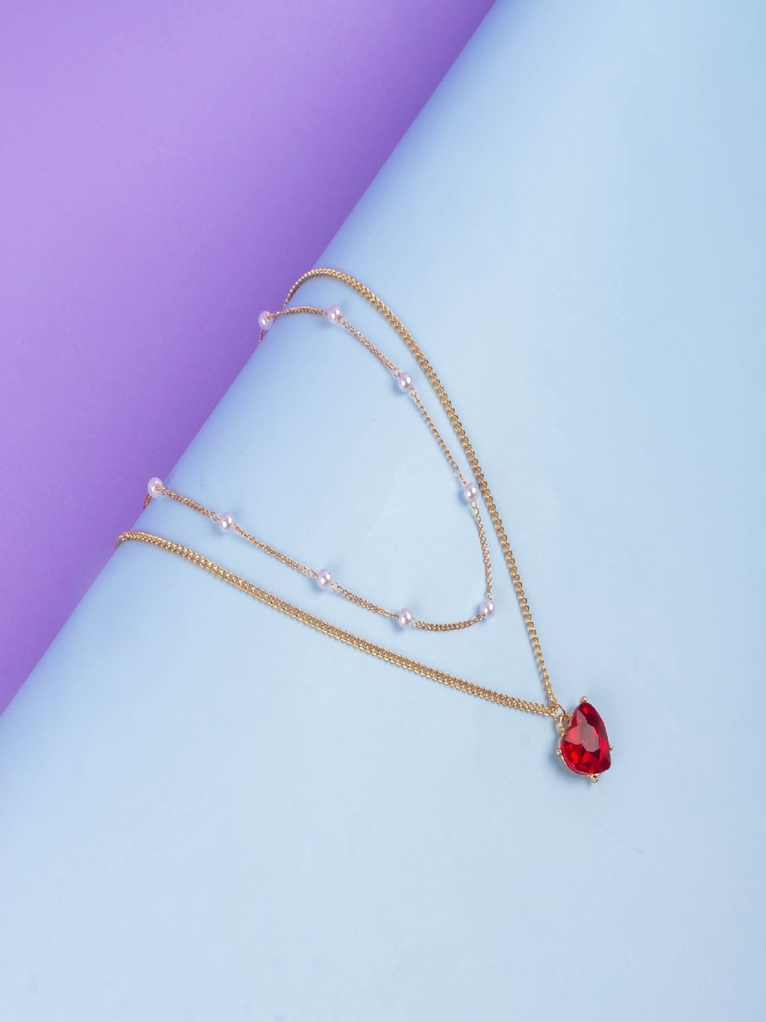 Jewelz Layered Chain Necklace With Heart Shaped Pendant and Pearls for Girls & Women