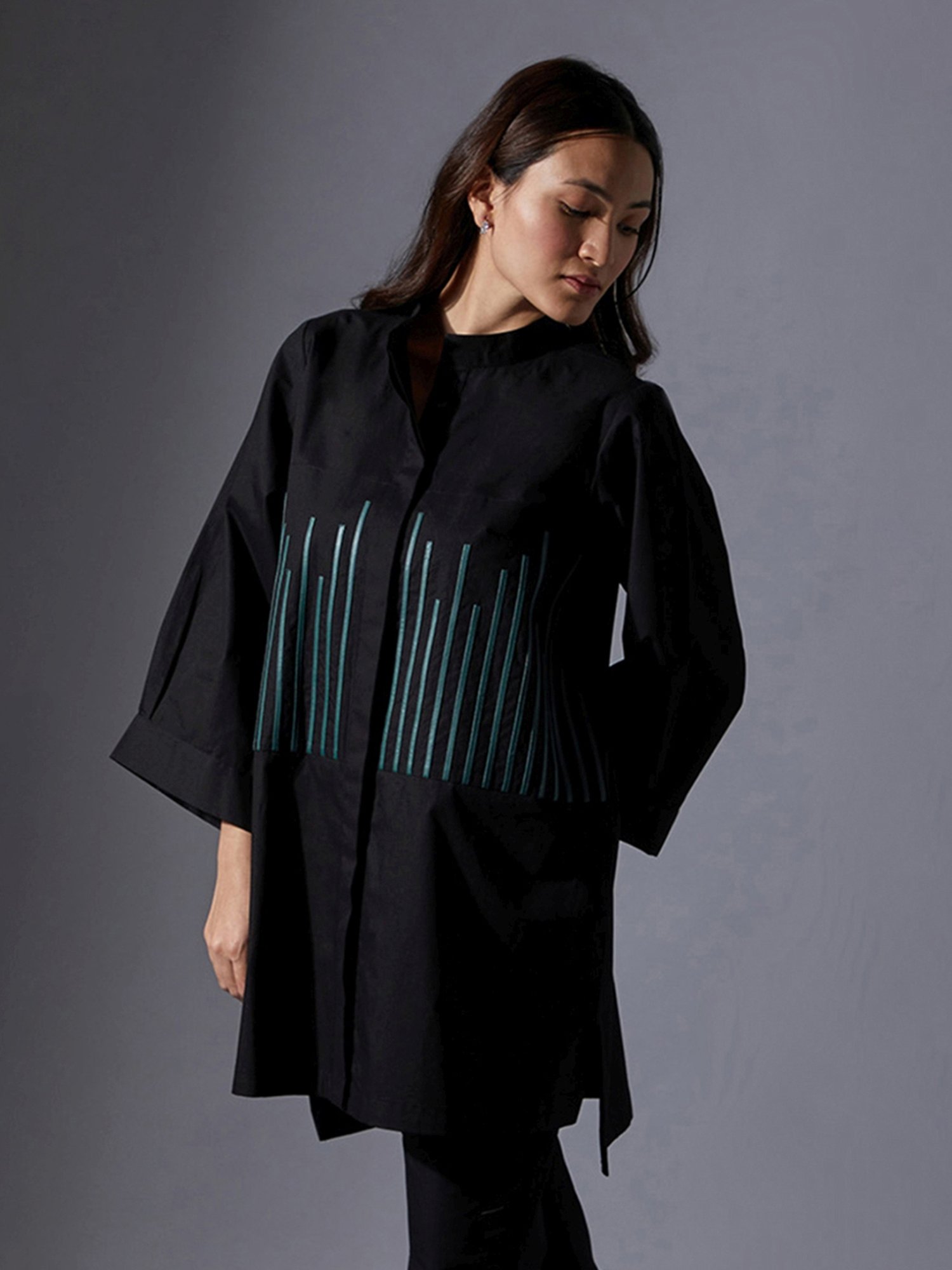 House of Manaa Black Loose Fit Leather Detailed Shirt