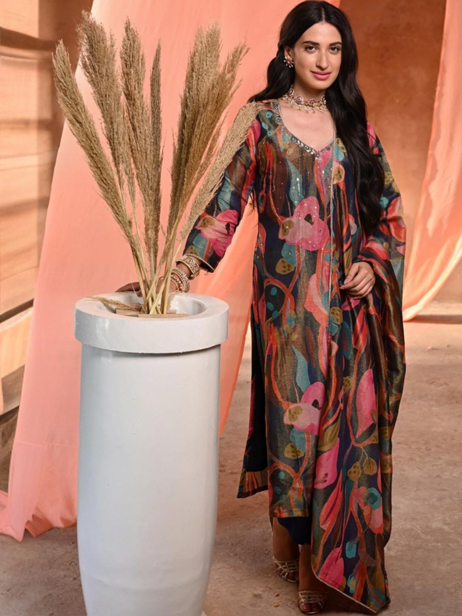 Mahee Jaipur Blue & Pink Begonia Shimmer Organza Kurta with Pant and Dupatta