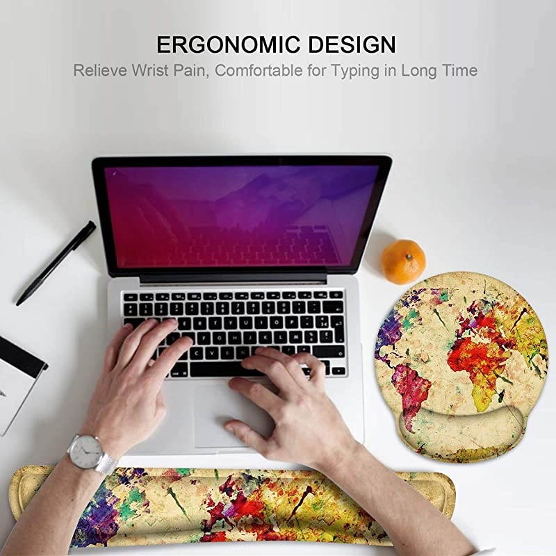 Keyboard Wrist Rest and Ergonomic Mouse Pad Wrist Support Set with Non-Slip Backing Memory Form-Filled, Easy-Typing and Pain Relief for Gaming Office Computer Laptop (Vintage Map)