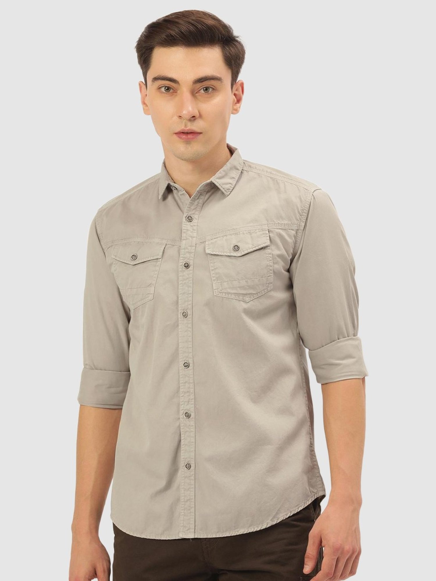 IVOC Light Grey Slim Fit Cotton Shirt