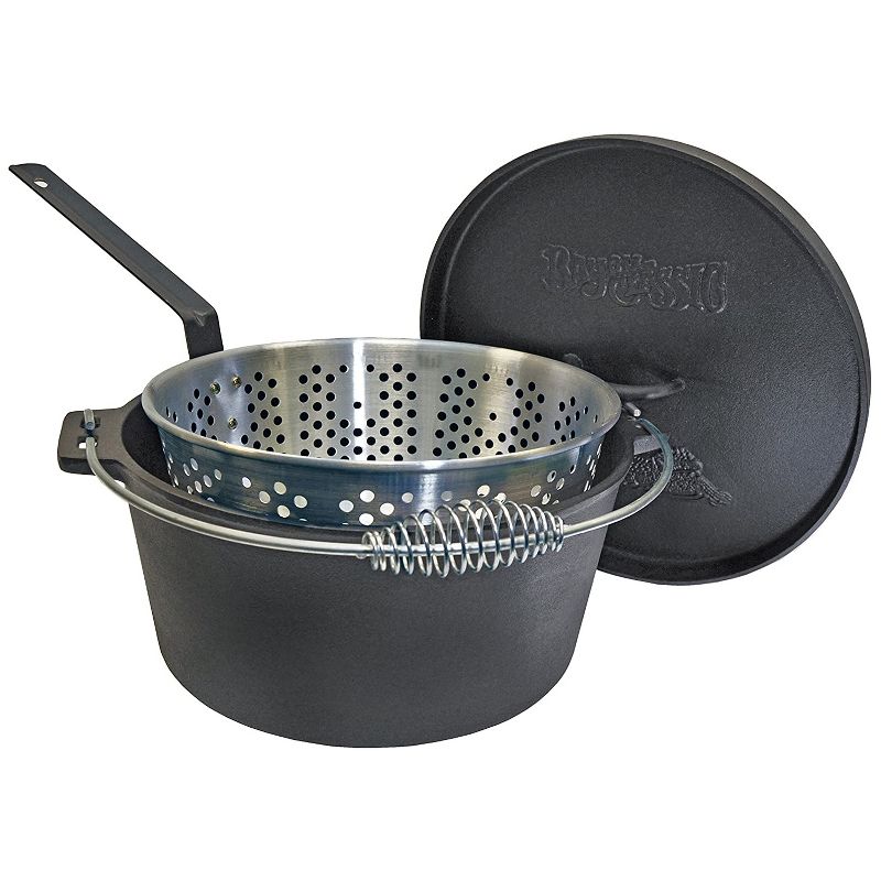 Bayou Classic 14 Quart Seasoned Cast Iron Dutch Oven Camping Cooking Pot with Aluminum Steamer Fry Basket and Raised Lip Lid, Black