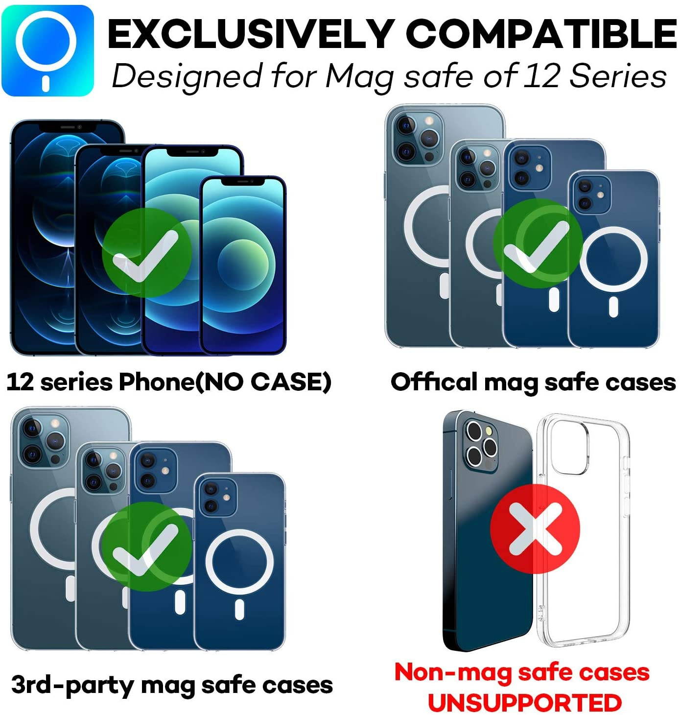 Quarble Magnetic Dashboard Car Mount Compatible with MagSafe Case and iPhone 12 Pro Max Mini, 360&deg; Adjustable Phone Holder No Metal Plate Needed 2021 All New