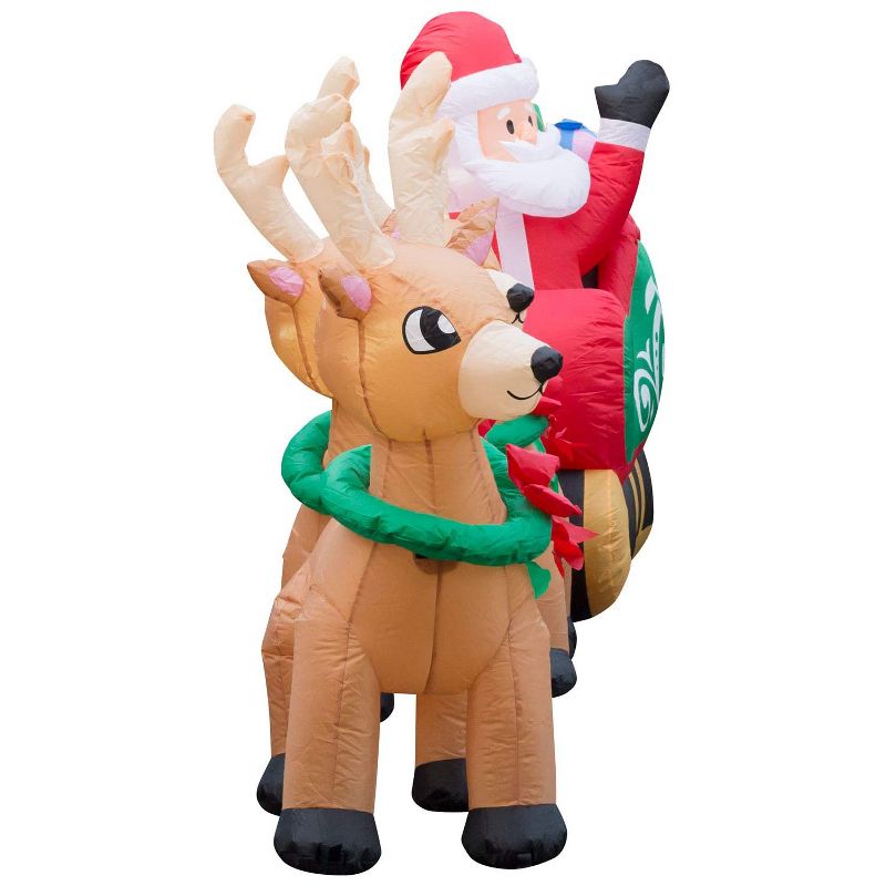 Holidayana 12 Foot Long Giant Inflatable Santa Claus w/ Reindeer Sleigh Holiday Yard Decoration w/ Blower Fan, Tie Down Straps, & Ground Anchor Stakes