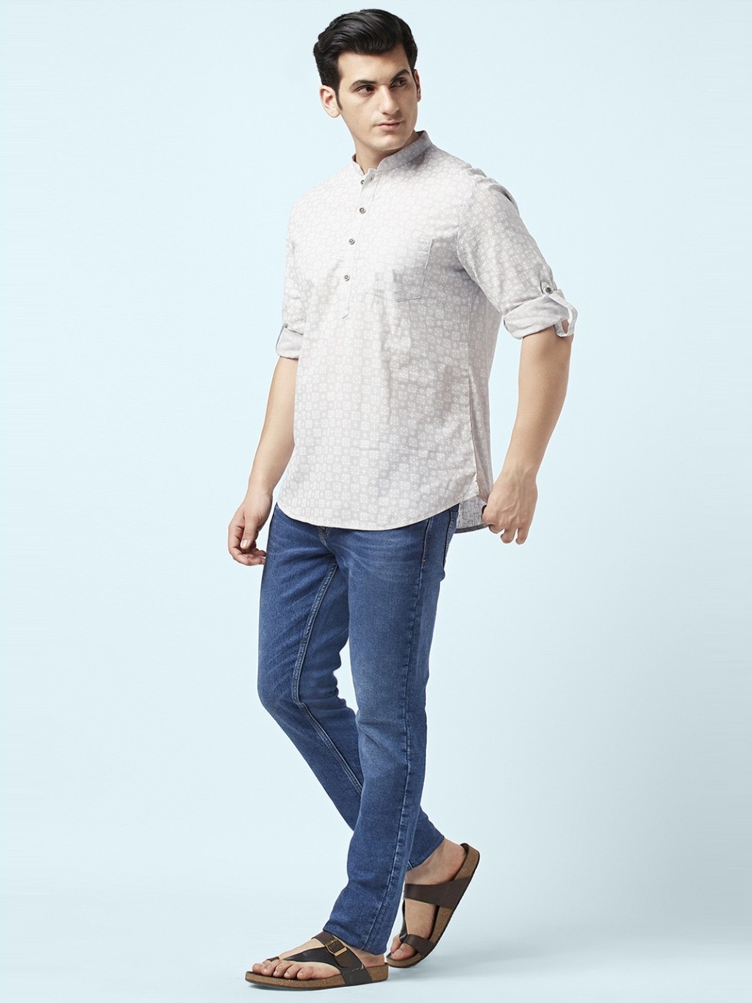 Indus Route by Pantaloons Grey Cotton Regular Fit Printed Short Kurta