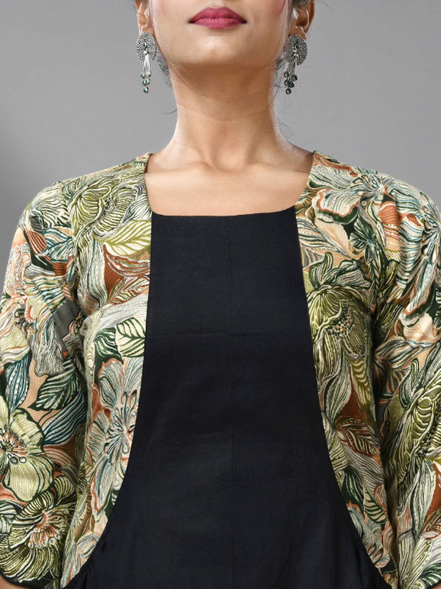 CHARUKRITI Black Cotton Printed A-Line Dress With Jacket