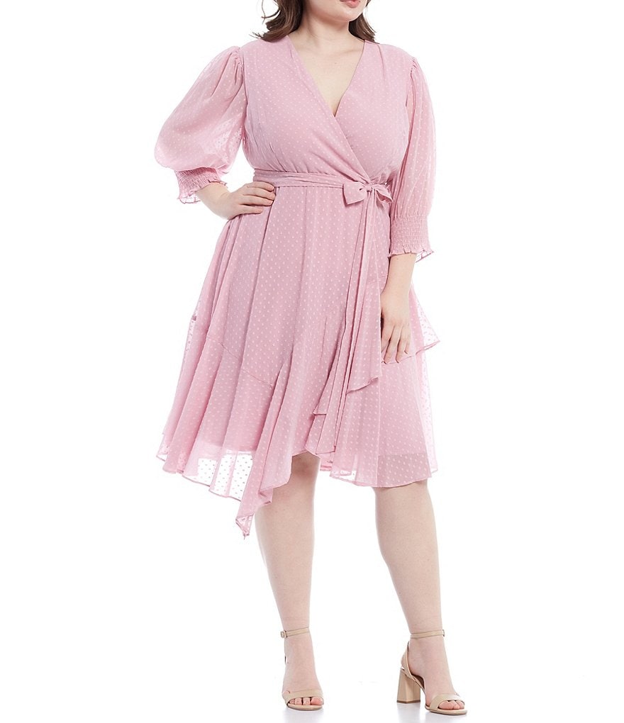 Maison Tara Plus Size V-Neck 3/4 Sleeve Mini Dot Ruffle Hem Chiffon A-Line Dress