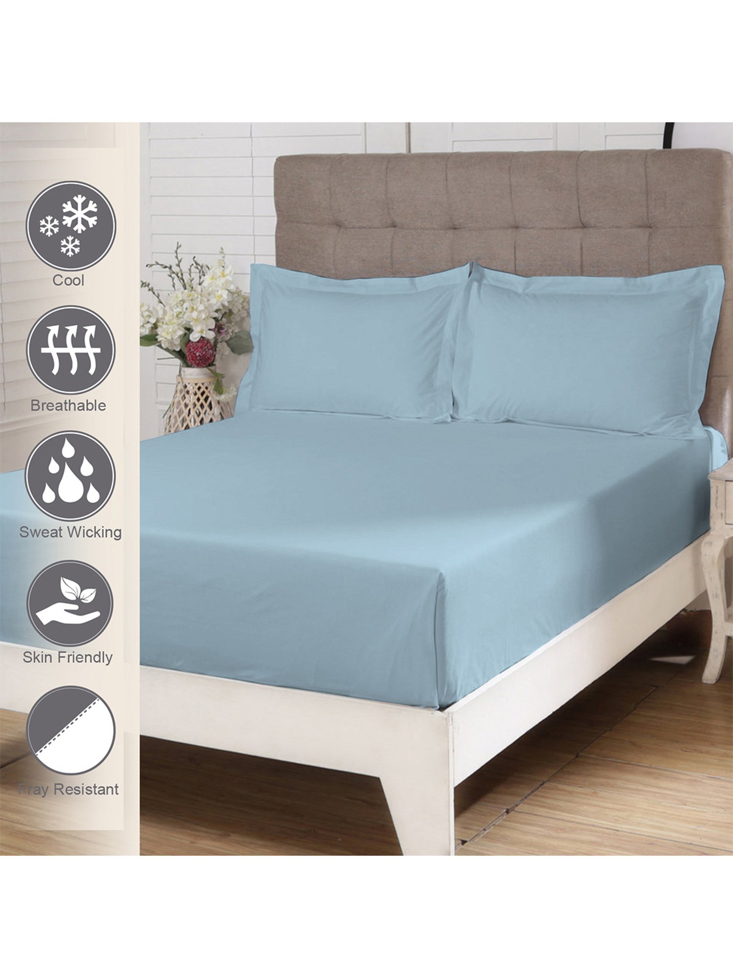 Pizuna Blue 400 TC Cotton Bed Sheet with 2 Pillow Cover