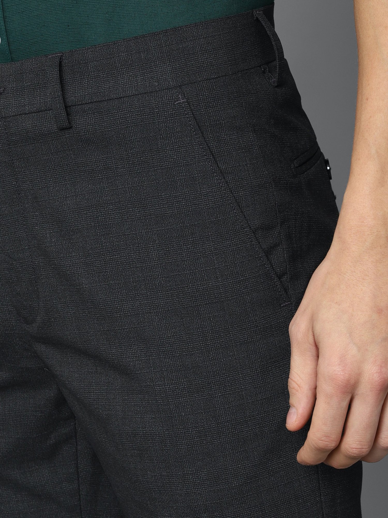 Louis Philippe Dark Grey Slim Fit Flat Front Trousers