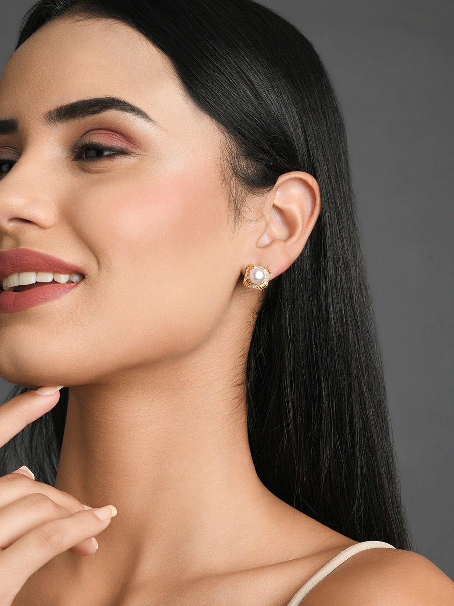 Fida Luxurious Gold-Plated White Pearl Stud Earrings