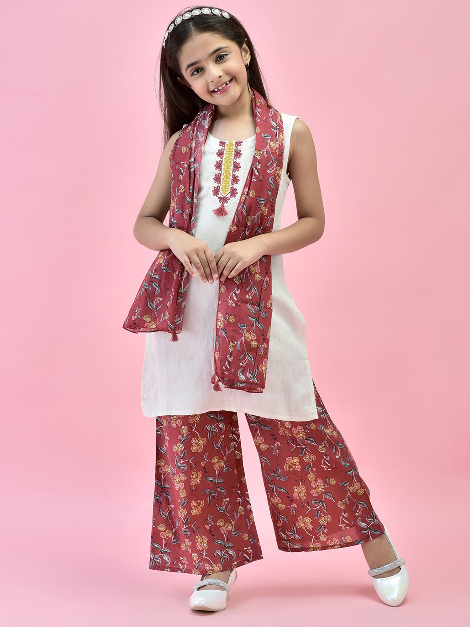 Juniper Girls White & Maroon Embroidered Kurta, Plazzos With Dupatta