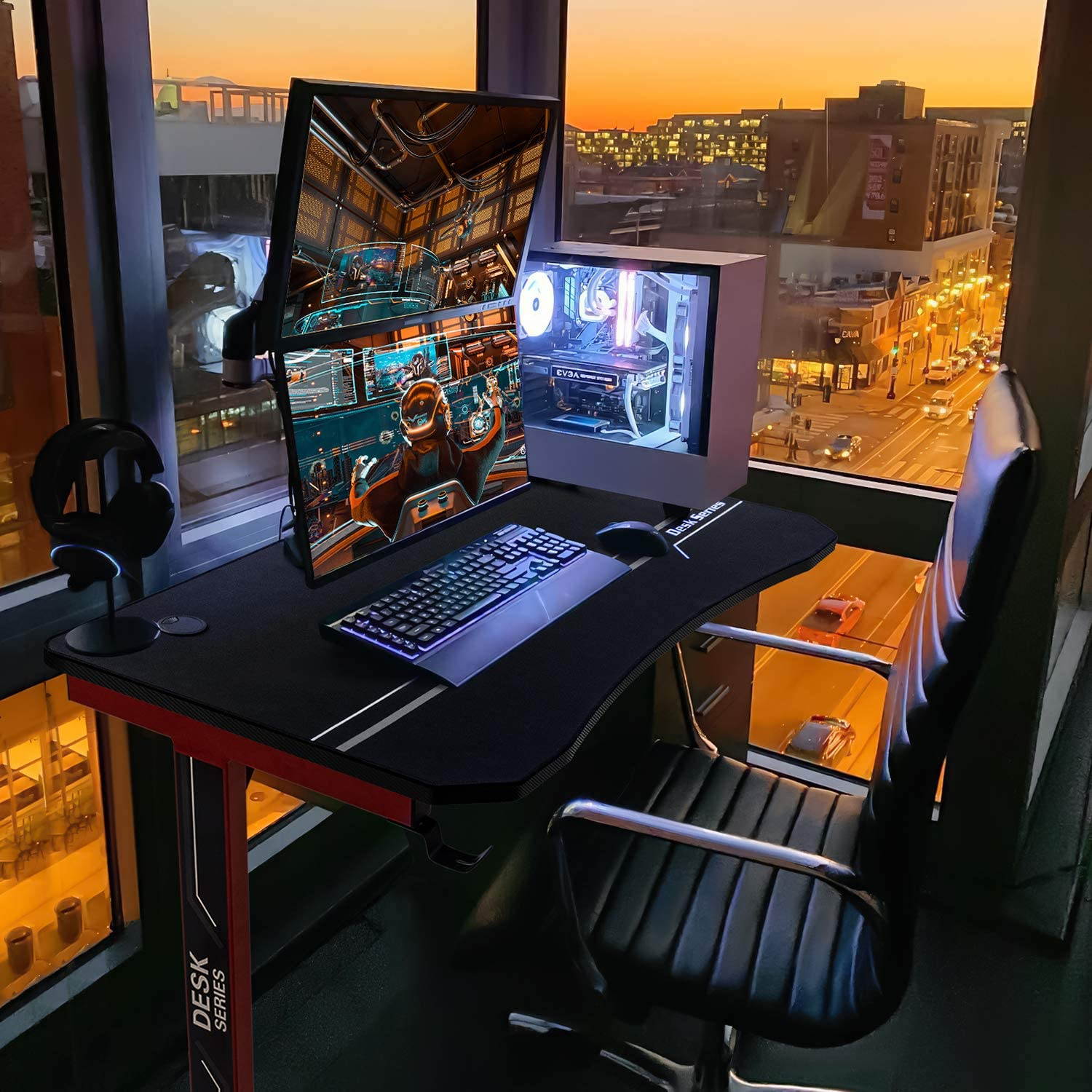 Furmax 55 Inch Gaming Desk T-Shaped PC Computer Table, Home Office Desk Carbon Fibre Surface Workstation with Free Full Coverage Mouse Pad, Cup Holder and Headphone Hook (Red)