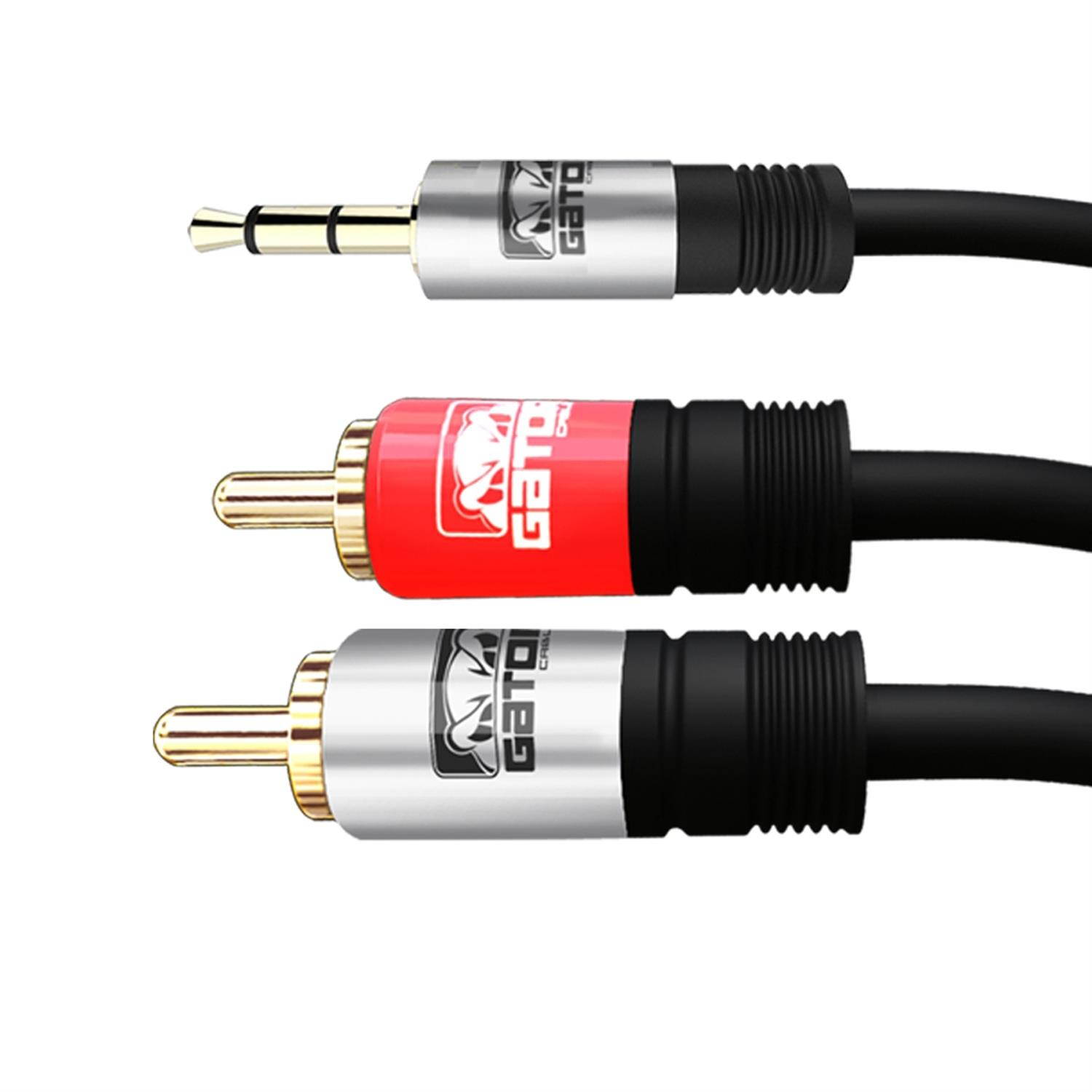 GATOR CABLE AUX to 2 RCA cable - SILVER/RED-SILVER - 6 FT - Gold Plated Connectors - Auxiliary 3.5mm Audio Plug Stereo Phone Cable Cord