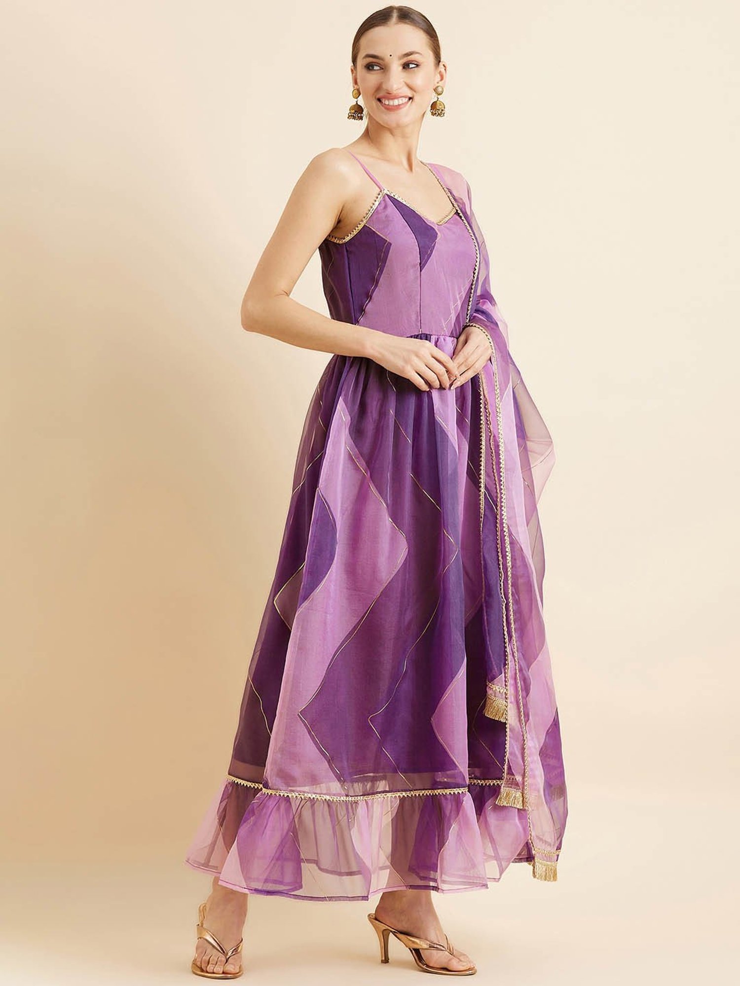 PANIT Purple Printed Ethnic Dress With Dupatta