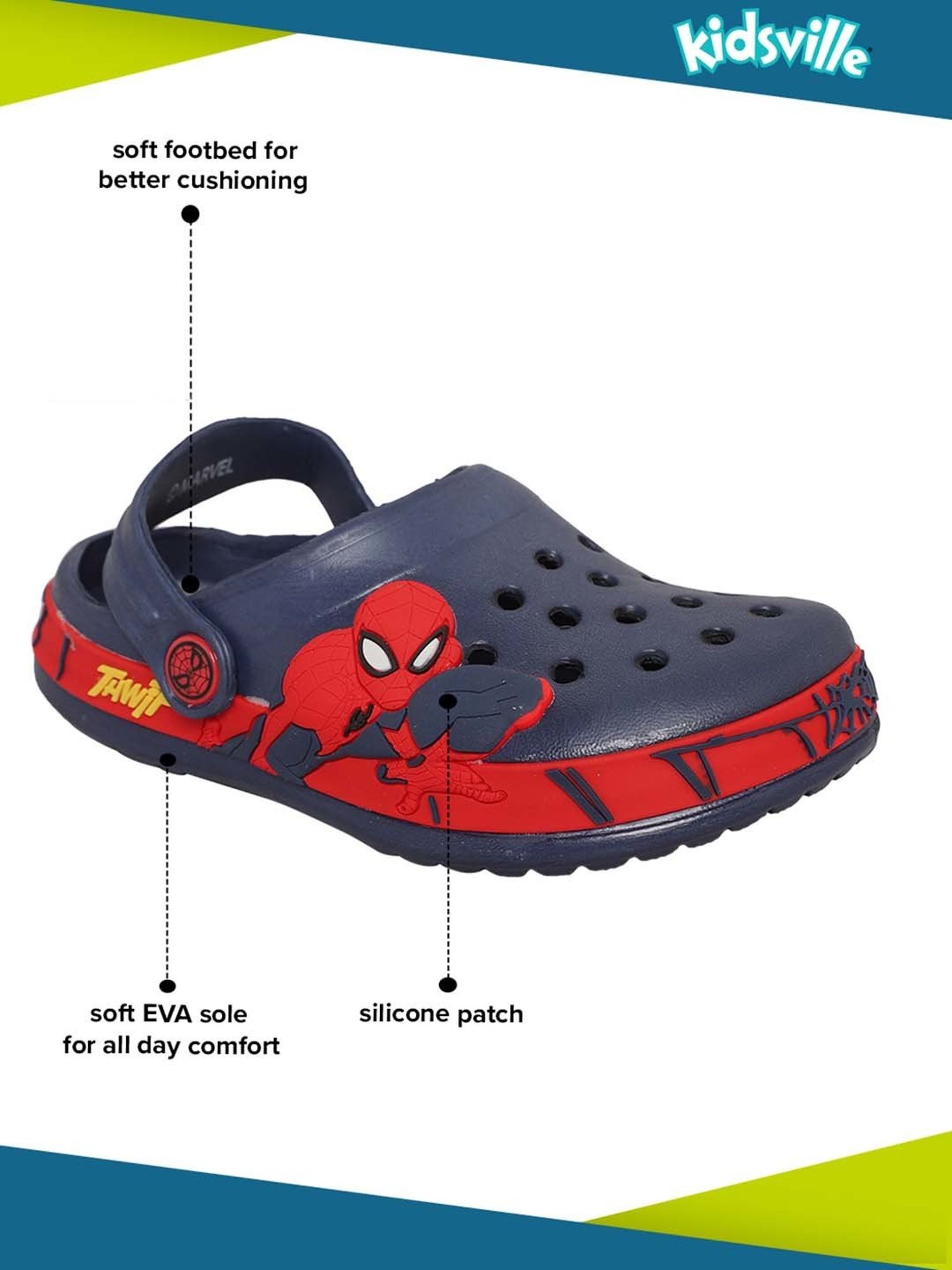 Kidsville Navy & Red Spiderman Printed Back Strap Clogs