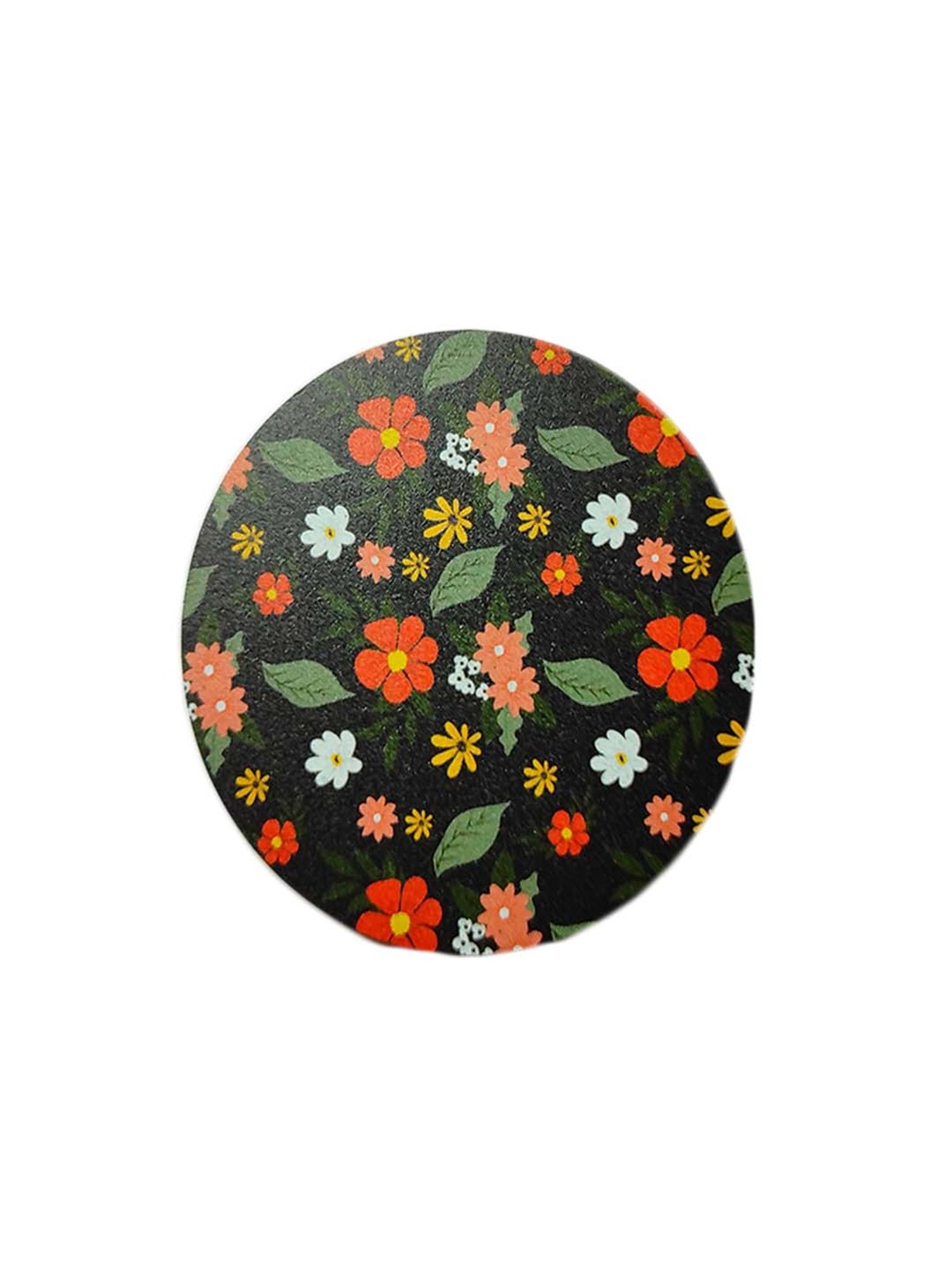 Crayton Black Wooden Floral Printed Round Coasters with Holder - Set of 6
