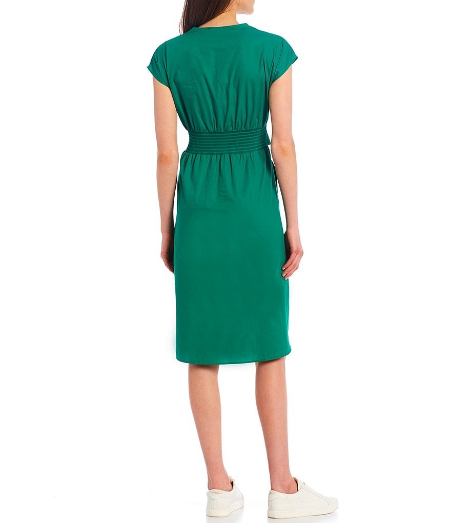 Kensie Pleated Shoulder Cotton Poplin Fit & Flare Dress