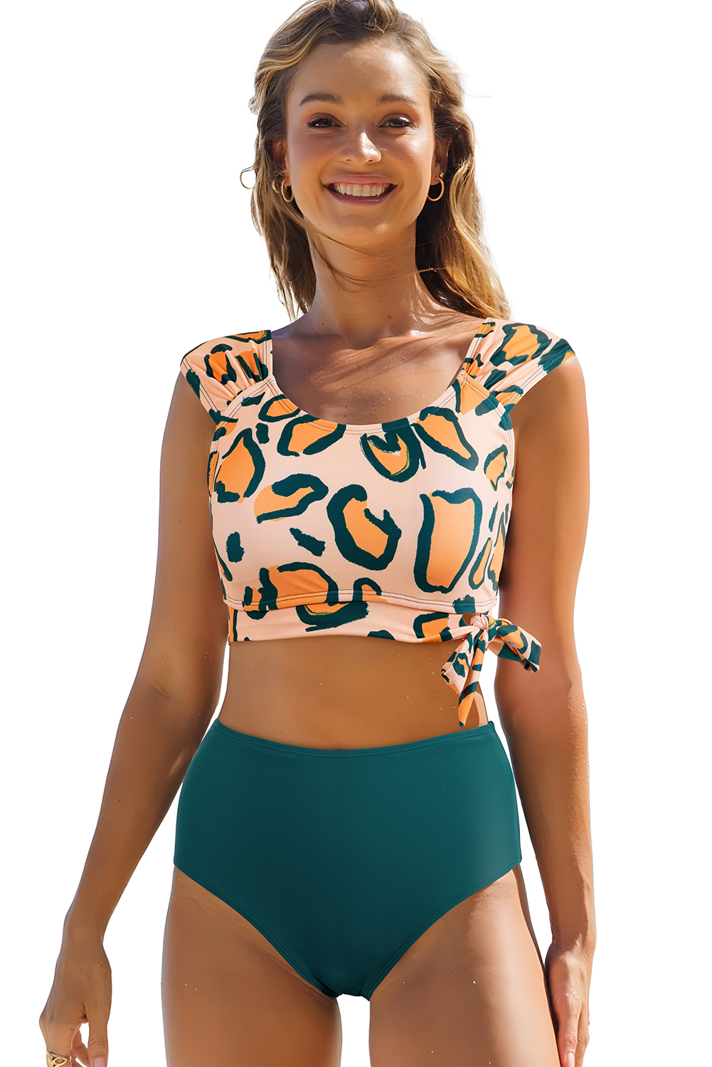 Green Leopard Print U Neck Knotted High Waist Bikini Set