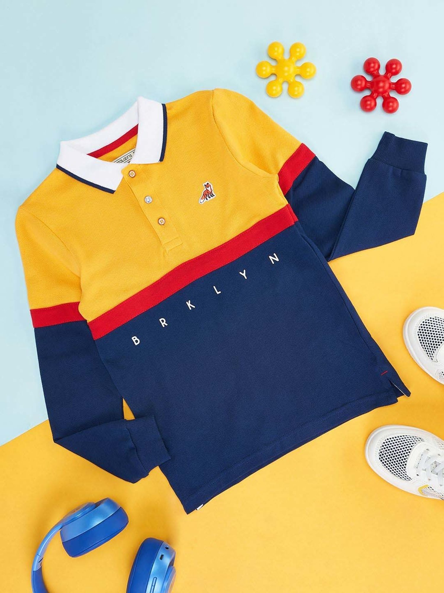 Pantaloons Junior Yellow & Navy Cotton Color Block Full Sleeves Polo T-Shirt
