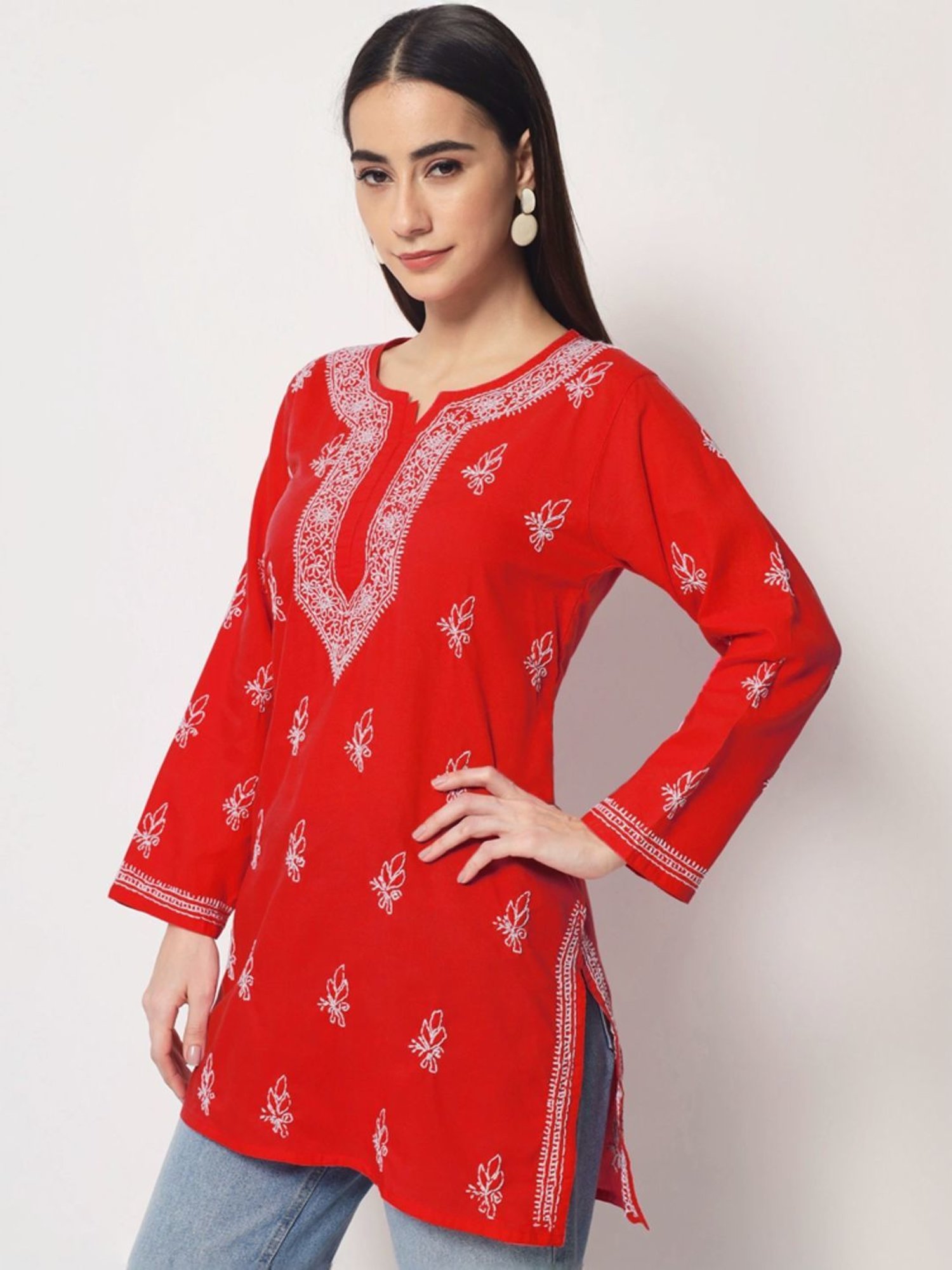PARAMOUNT CHIKAN Red Cotton Hand Embroidered Chikankari Straight Kurti