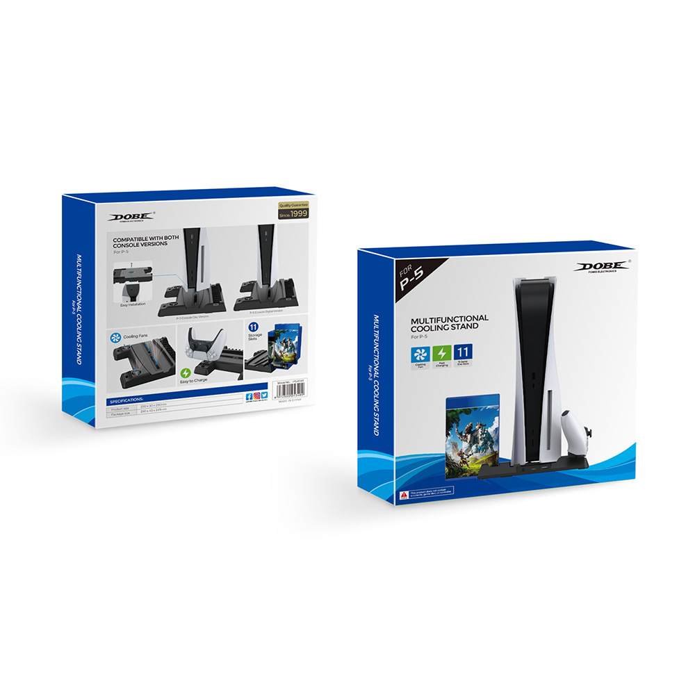 PS5/PS5 Digital Edition Stand with Suction Cooling Fan of 3-speed control and Dual Controller wireless Charger Station Suction Cooling Fan with wireless Charging Dock Station and 11 Game Slots-White