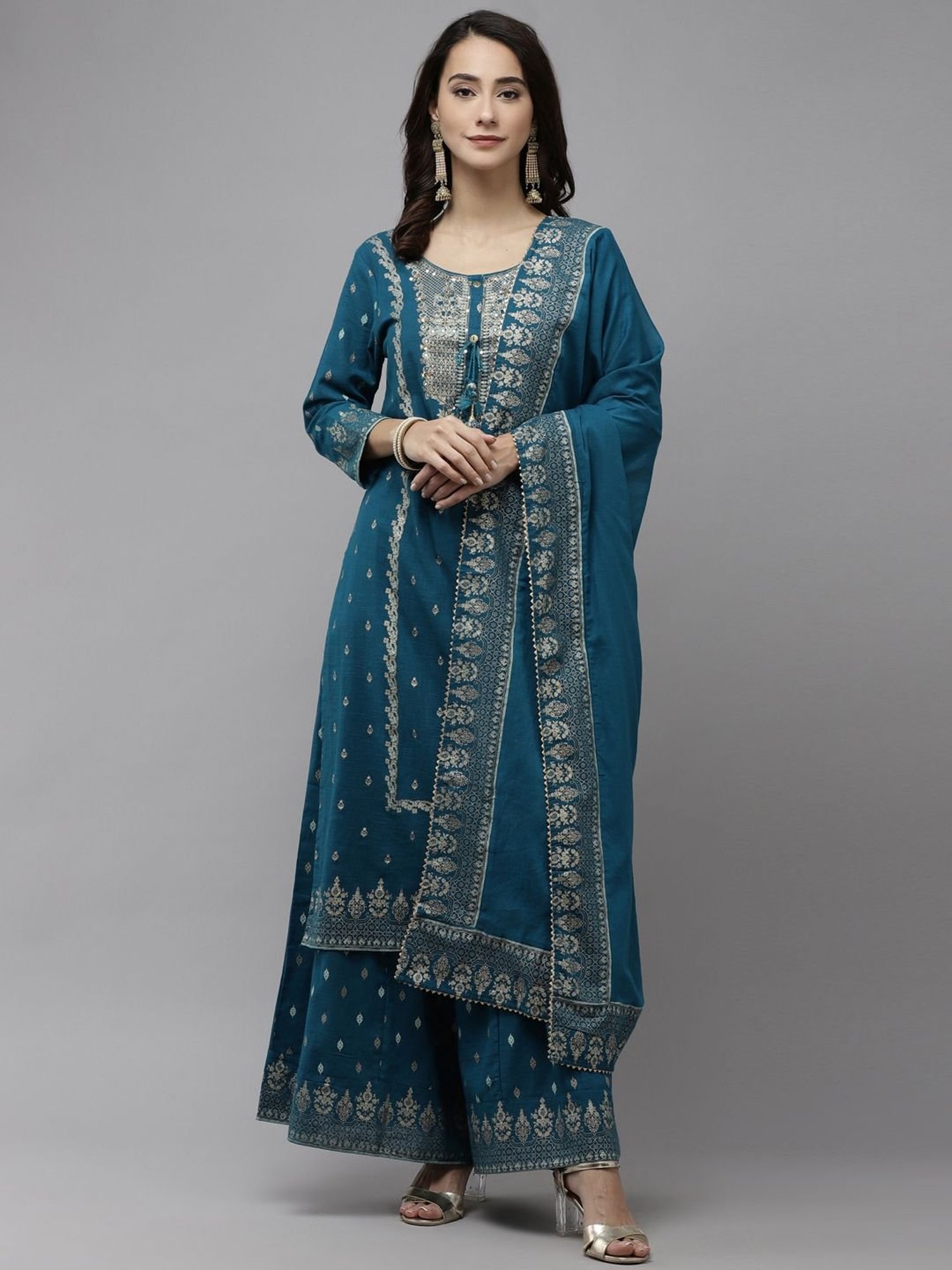 Ishin Blue Pure Cotton Embellished Kurta Sharara Set With Dupatta