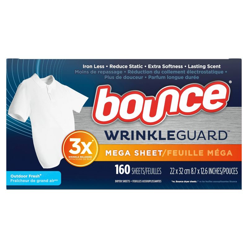 Bounce WrinkleGuard Outdoor Fresh Scent Fabric Softener and Wrinkle Releaser Mega Dryer Sheets - 160ct