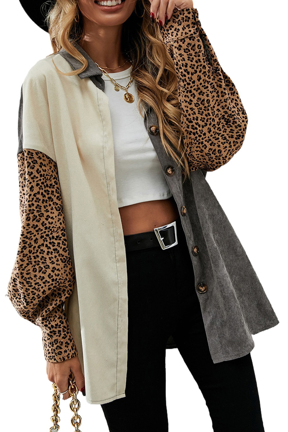 Gray Color Block Leopard Patchwork Casual Corduroy Shacket