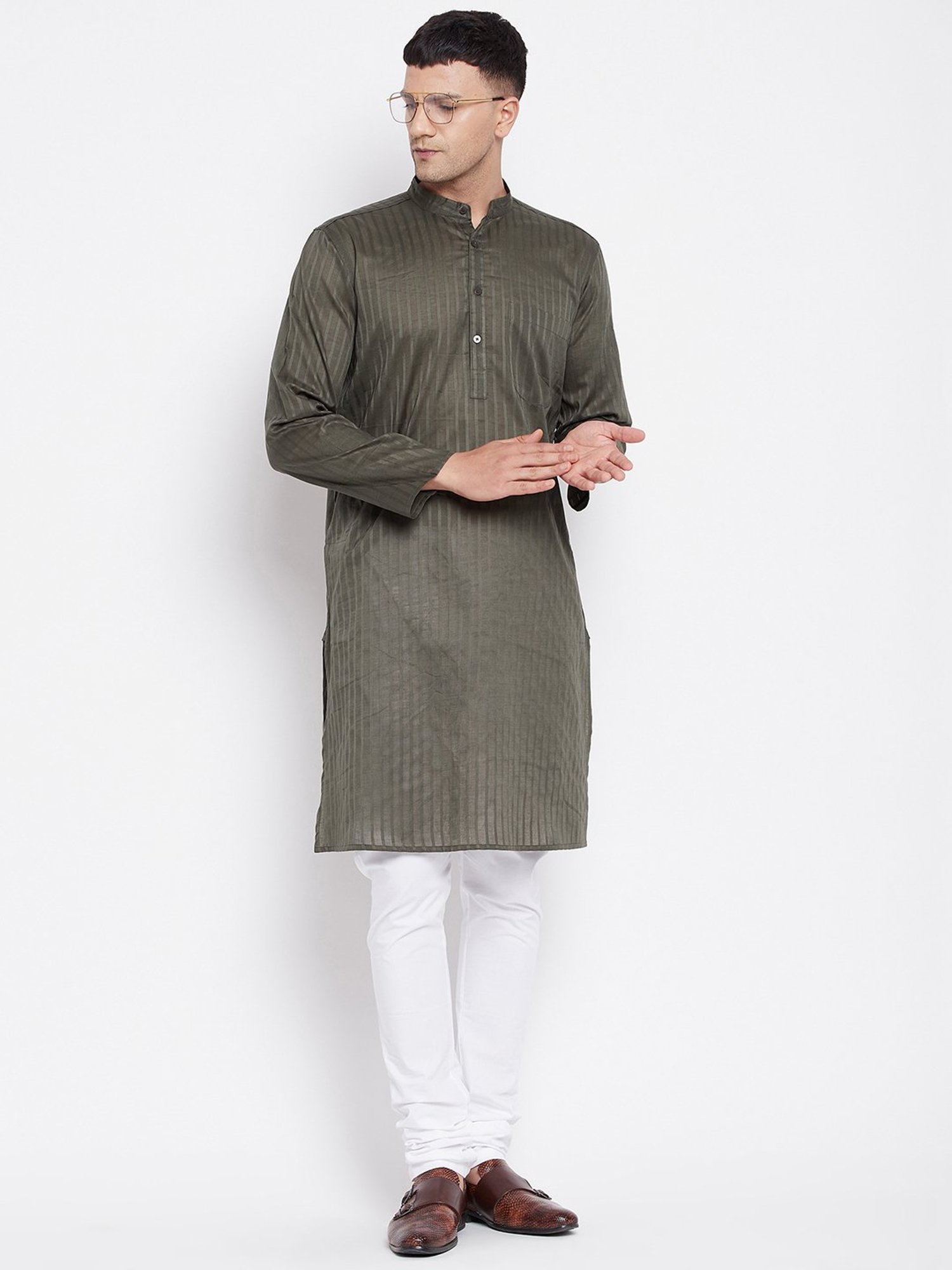 Even Dark Olive Striped Mandarin Collar Kurta